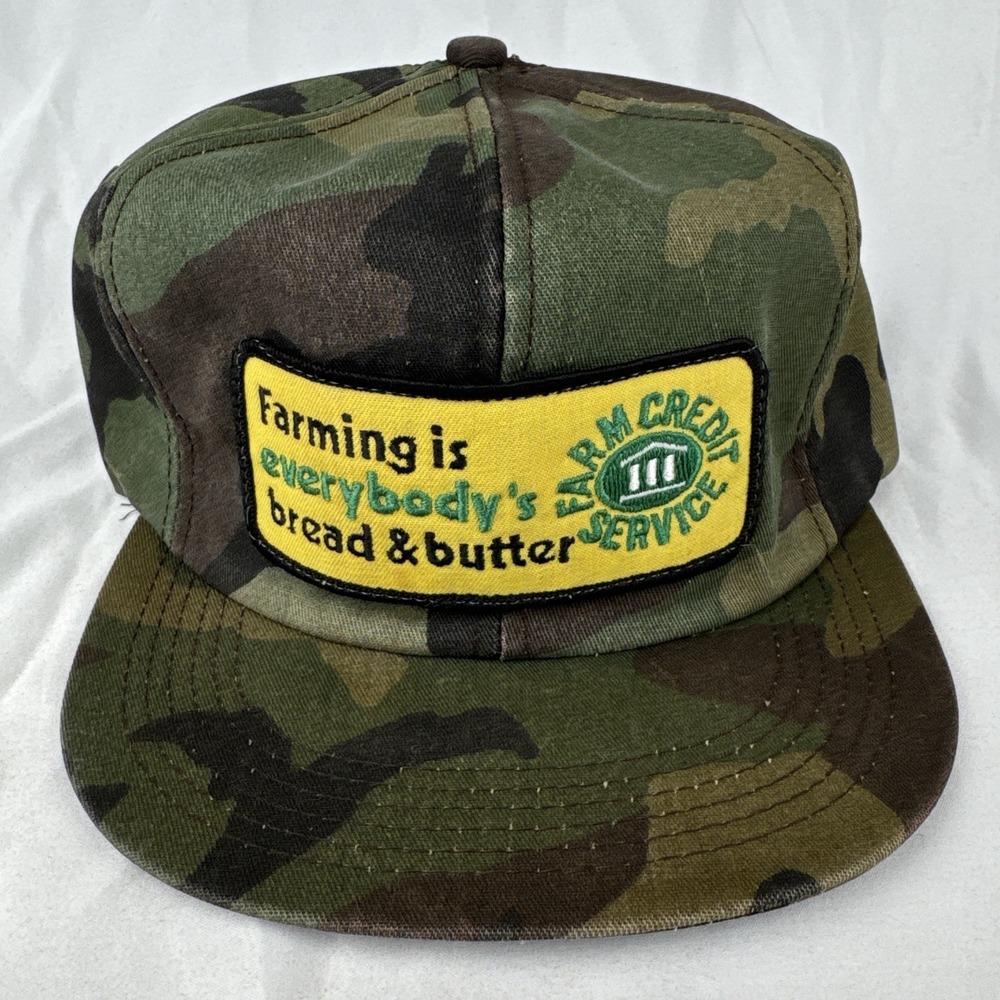Vintage 80s Farming Is Everybody's Bread And Butter Camo Hat K-Products USA